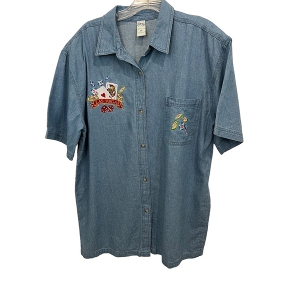Vintage 90’s Denim Las Vegas Embroidered Cards Button up Shirt Women's Size XXL - Picture 1 of 5